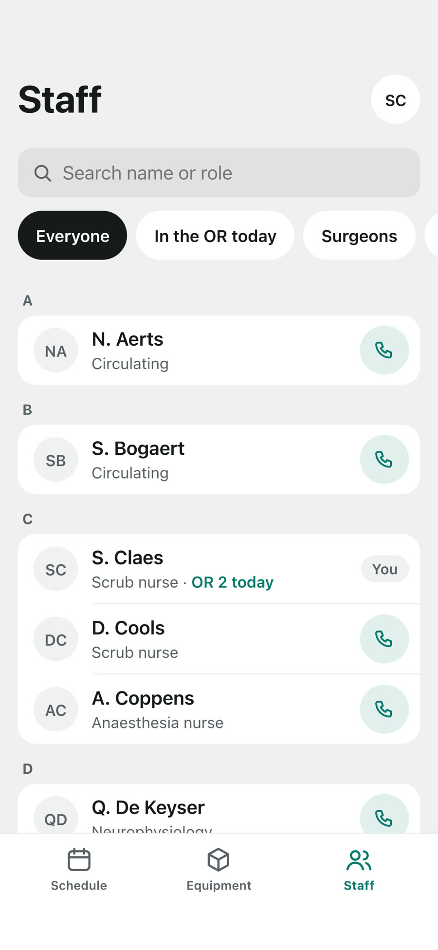 Phone: the Staff list with a call button on every row